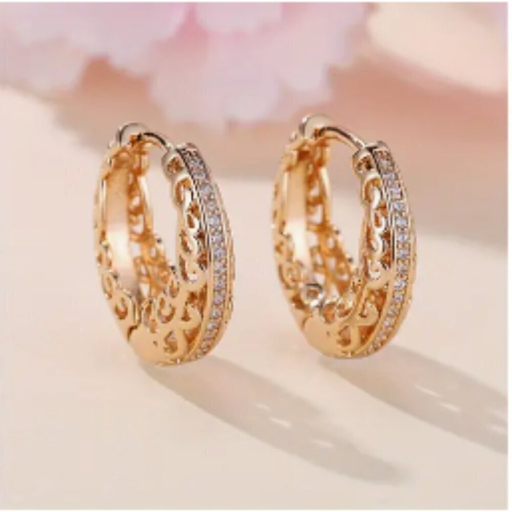 Gold Plated Elevated Boho Rhinestone Design Hoop Earrings - NEW